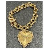 Vintage 14K Gold Heart Pendant Bracelet with CHAI Hebrew Symbol