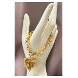 Vintage 14K Gold Heart Pendant Bracelet with CHAI Hebrew Symbol