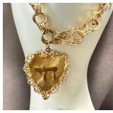 Vintage 14K Gold Heart Pendant Bracelet with CHAI Hebrew Symbol