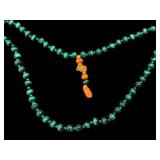 Malachite Bead Necklace - Vintage Hand-Knotted With Coral Accents