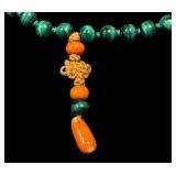 Malachite Bead Necklace - Vintage Hand-Knotted With Coral Accents