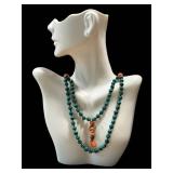 Malachite Bead Necklace - Vintage Hand-Knotted With Coral Accents