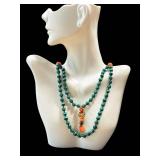 Malachite Bead Necklace - Vintage Hand-Knotted With Coral Accents