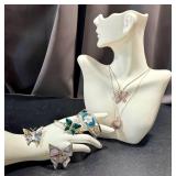 Vintage Silver & Sterling Jewelry Lot - Butterfly & Floral Inlays, 22-inch Necklaces, Mexico Alpaca