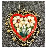 Vintage Italian Heart Pendant - Mosaic Shell Inlay, Red Border, Gold Tone Filigree