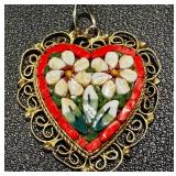 Vintage Italian Heart Pendant - Mosaic Shell Inlay, Red Border, Gold Tone Filigree