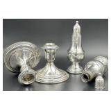 Vintage Sterling Silver Weighted Candlestick Set and Sterling Silver Weighted Glass Lined Salt/Pepper Shakers