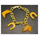 Vintage Equestrian Themed Bakelite Charm Bracelet with Horse Head, Horseshoes & Boot Pendants