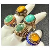 Five Vintage Chinese Export Rings - Adjustable Bands, Some Silver-Marked
