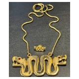 Vintage Double Snake Head Gold Tone Necklace and Pin
