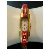 Vintage Türler Swiss Vintage Ladies Watch - Rectangular Gold-Tone Case Red Enamel Bracelet