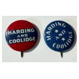Two Vintage Harding & Coolidge Presidential Campaign Pin Backs / Buttons