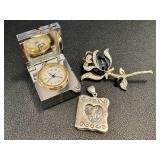 Miniature Clock - Floral Brooch - Sterling Silver Photo Album Pendant