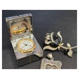 Miniature Clock - Floral Brooch - Sterling Silver Photo Album Pendant