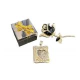 Miniature Clock - Floral Brooch - Sterling Silver Photo Album Pendant