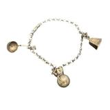 Vintage Sterling Silver Charm Bracelet - Bell, Ladle, Sack Charms - 7 in