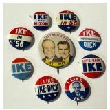 IKE Vintage Political Pin Backs - Assorted (Lot of 9) including Vintage Ike in 56 Political Pin Back / Button