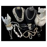 Vintage Costume Jewelry Assortment - Pearl Necklaces, Crystal Beads & Rhinestone Bracelets