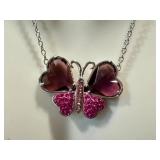 Sterling Silver Butterfly Pendant Necklace - Pink Crystals, 8-Inch Drop