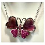 Sterling Silver Butterfly Pendant Necklace - Pink Crystals, 8-Inch Drop
