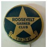 Vintage Roosevelt-Garner Club 1936 Pin-Back Button