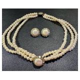 Faux Pearl Jewelry Set: Triple Strand 16-inch Necklace, 24-inch Single Strand, Earrings