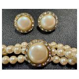 Faux Pearl Jewelry Set: Triple Strand 16-inch Necklace, 24-inch Single Strand, Earrings