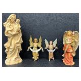 Four Piece Angel Set - Mary Wood-Carved Figure + Fontanini Depose Gloria Angels (Italy 1995-1996)
