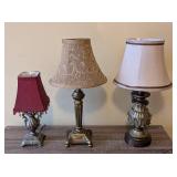 UL - Three Stylish Table Lamps - Ornate Brass Bases with Fabric Shades