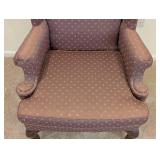 LL - Vintage High Back Armchair - Purple Diamond-Pattern Upholstery, Carved Wood Legs
