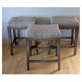 ML - Three Counter Height Stools - Gray Upholstery With Nailhead Trim
