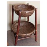 UL - Decorative Woven Basket Stand Pair - Two-Tier Wood Frames with Baskets