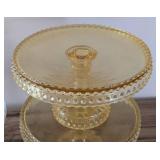 K - Glass Cake Plate Set - 3 Pieces, Largest 12 Inches, Clear Dome and Amber Tiered Stand