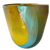 LR - Glass Nuvo Handmade Lithuania Glass Vase - Teal Amber Fusion, 10 in Tall