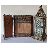 LR - Ornate Wood Boxes & Metal Lantern Candle Holder - 3-Piece Set