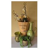 LR - Wood Jardiniere Vase Set - Grand Jardin des FLEURS w/ Faux Florals & Green Pitcher