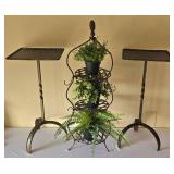 LR - Metal Plant Display Stand Set - 3-Tier Center & Pair Side Stands + 3 Faux Pots