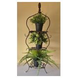 LR - Metal Plant Display Stand Set - 3-Tier Center & Pair Side Stands + 3 Faux Pots