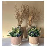 LR - Woven Ceramic Vases with Dried Foliage (2) & Planters with Faux Foliage (2)
