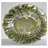 K - Iridescent Green Sunflower Pattern Glass Plate with Scalloped Rim