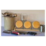 K - Canister Set on Wood Stand with Lids - 3 Canisters + Utensil Crock, Graters & Measuring Cups