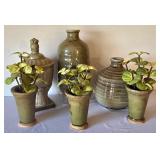 K - Decorative Olive Ceramic Vases & Apothecary Jar (Lot of 6)