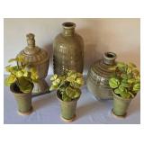 K - Decorative Olive Ceramic Vases & Apothecary Jar (Lot of 6)