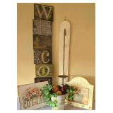 K - Carson Welcome Block Sign Lot with 2 Tin Wall Plaques, 35-inch Wooden Candleholder, 8-inch Flower Pot