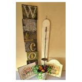 K - Carson Welcome Block Sign Lot with 2 Tin Wall Plaques, 35-inch Wooden Candleholder, 8-inch Flower Pot