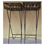 DR - Pair of Distressed Metal Plant Stands With Teardrop Stone Accents