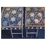 DR - Pair of Distressed Metal Plant Stands With Teardrop Stone Accents