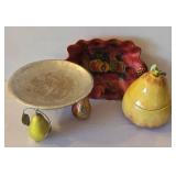 LR - Raymond Waites Ceramic Fruit Trio: Pear-Footed Pedestal Dish, Red Scalloped Bowl, Yellow Pear Jar