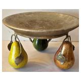 LR - Raymond Waites Ceramic Fruit Trio: Pear-Footed Pedestal Dish, Red Scalloped Bowl, Yellow Pear Jar