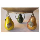 LR - Raymond Waites Ceramic Fruit Trio: Pear-Footed Pedestal Dish, Red Scalloped Bowl, Yellow Pear Jar